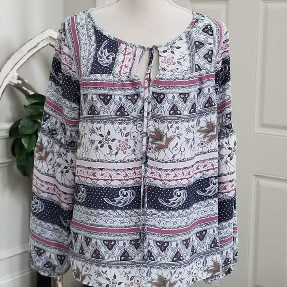 Loft Colorful Long Sleeve Top Neckline Tie Size Small